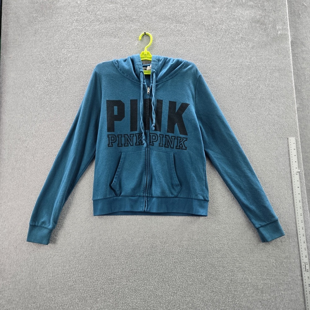 PINK Victoria's Secret Women Hoodie L Blue Text Logo Zipper Long Sleeve